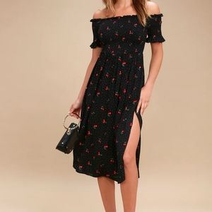 Lulu's Sweet Tooth Black Cherry Print Off-the-Shoulder Midi Dress
